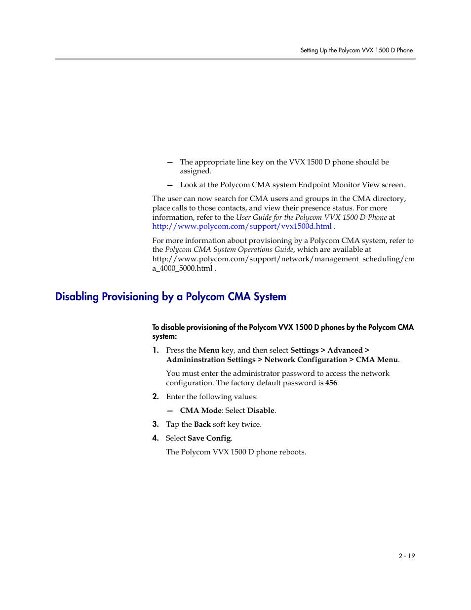 Disabling provisioning by a polycom cma system, Disabling provisioning by a polycom cma system –19, Disabling provisioning | By a polycom cma system | Polycom VVX 1500 D User Manual | Page 29 / 44