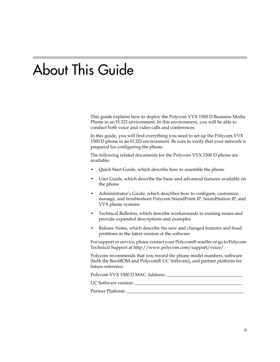 About this guide | Polycom VVX 1500 D User Manual | Page 3 / 44