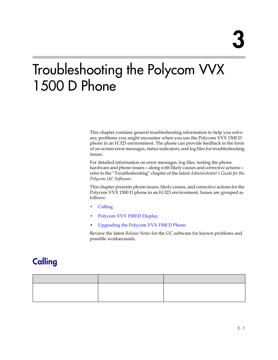 Troubleshooting the polycom vvx 1500 d phone, Calling, 3 troubleshooting the polycom vvx 1500 d phone –1 | Calling –1, Refer to, Troubleshooting the, Polycom vvx 1500 d phone, R to | Polycom VVX 1500 D User Manual | Page 33 / 44