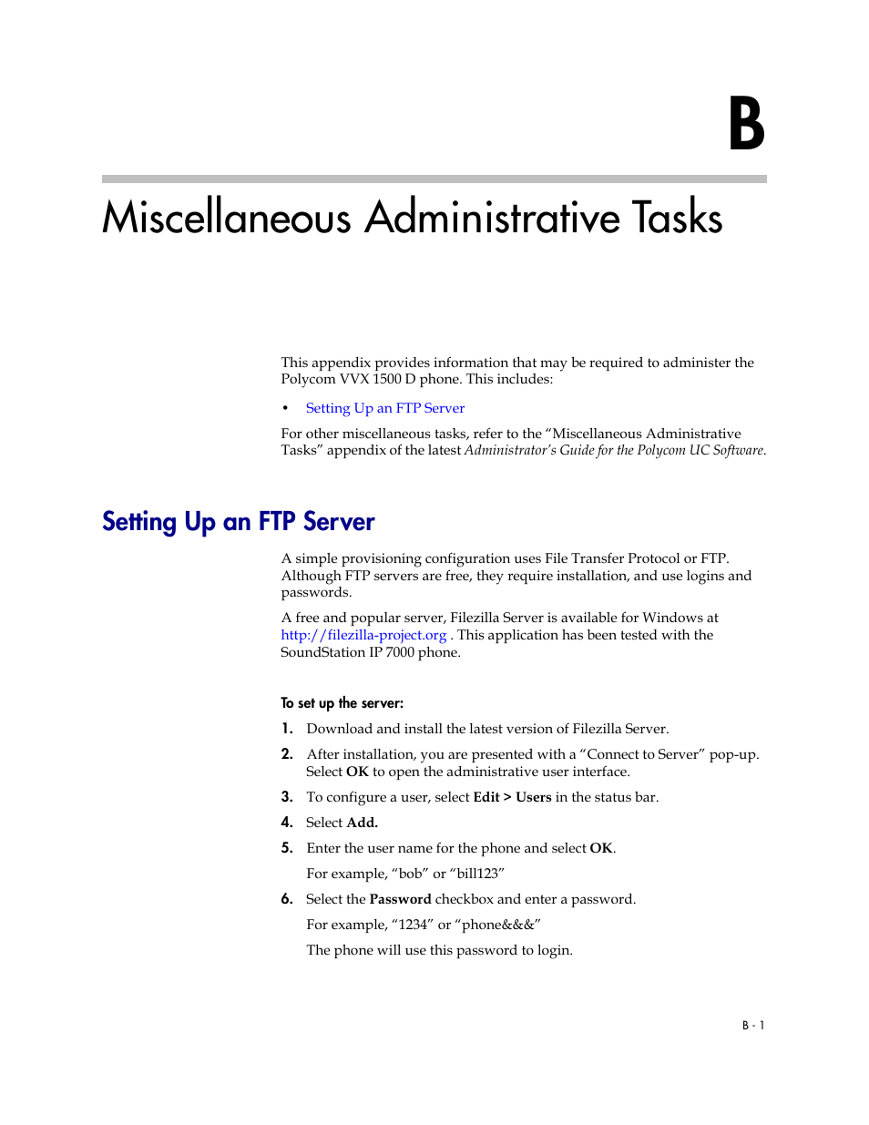 Miscellaneous administrative tasks, Setting up an ftp server | Polycom VVX 1500 D User Manual | Page 43 / 44