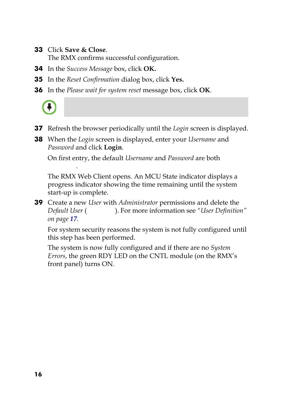 34 in the success message box, click ok, 35 in the reset confirmation dialog box, click yes | Polycom RMX DOC2551A User Manual | Page 16 / 20