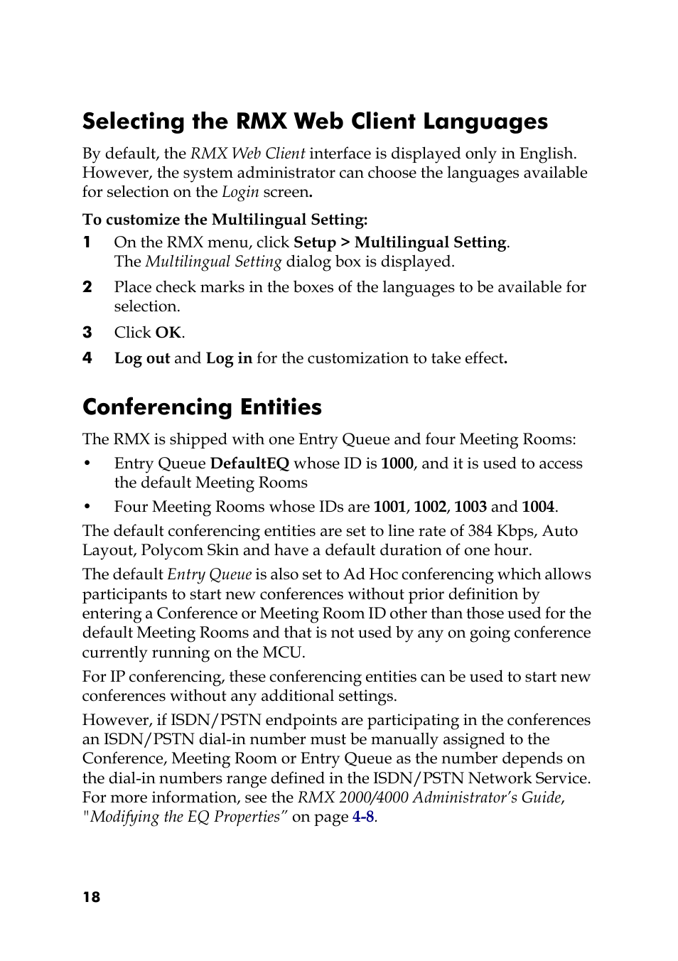 Selecting the rmx web client languages, To customize the multilingual setting, Conferencing entities | Polycom RMX DOC2551A User Manual | Page 18 / 20