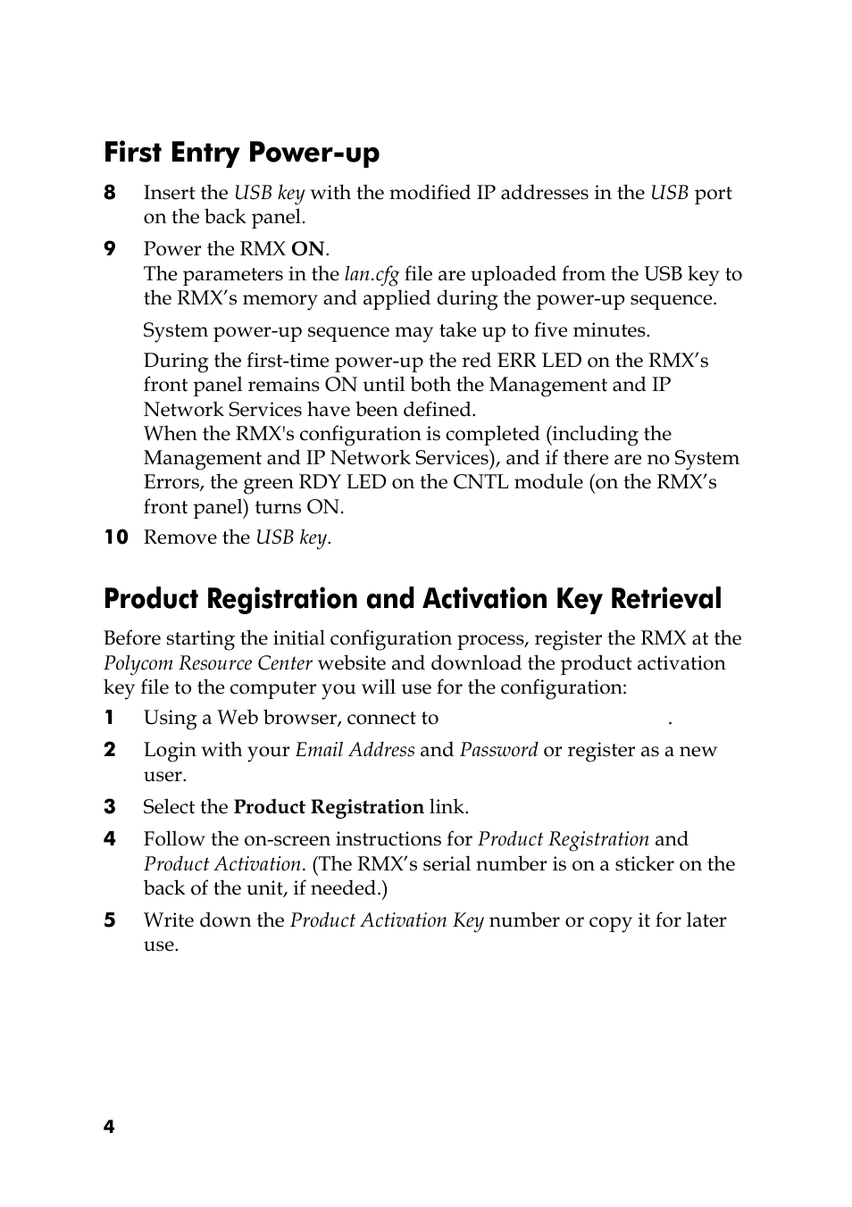 First entry power-up, 10 remove the usb key, Product registration and activation key retrieval | 3 select the product registration link | Polycom RMX DOC2551A User Manual | Page 4 / 20