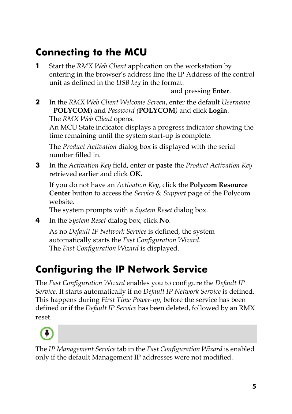 Connecting to the mcu, Configuring the ip network service | Polycom RMX DOC2551A User Manual | Page 5 / 20