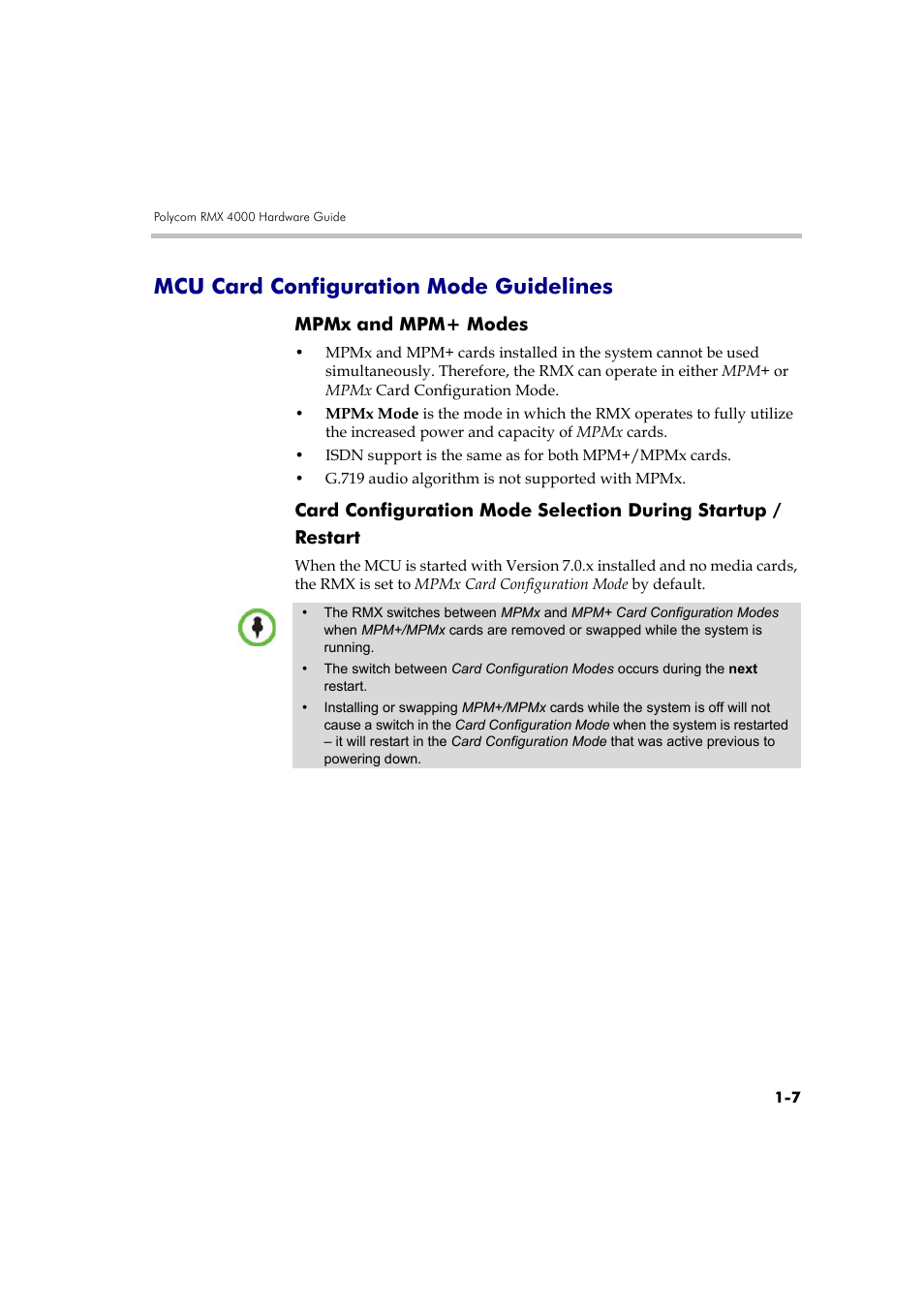 Mcu card configuration mode guidelines, Mpmx and mpm+ modes, Mcu card configuration mode guidelines -7 | Restart -7 | Polycom DOC2559B User Manual | Page 13 / 65