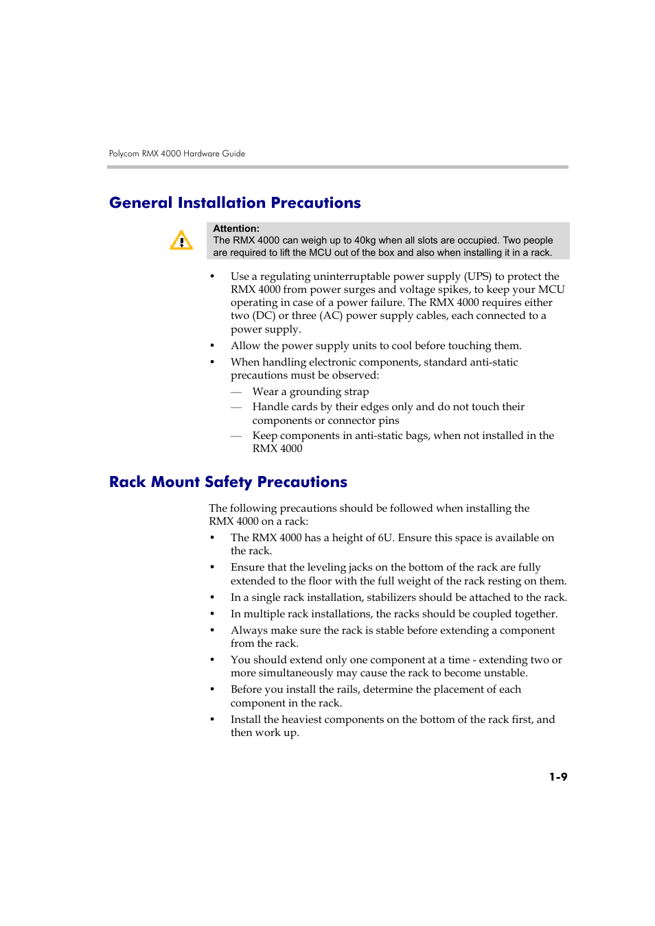 General installation precautions, Rack mount safety precautions | Polycom DOC2559B User Manual | Page 15 / 65