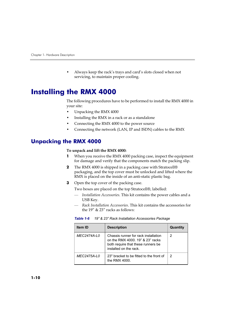 Installing the rmx 4000, Unpacking the rmx 4000, Installing the rmx 4000 -10 | Unpacking the rmx 4000 -10 | Polycom DOC2559B User Manual | Page 16 / 65