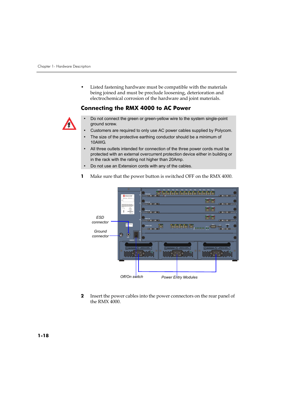 Connecting the rmx 4000 to ac power, Connecting the rmx 4000 to ac power -18 | Polycom DOC2559B User Manual | Page 24 / 65