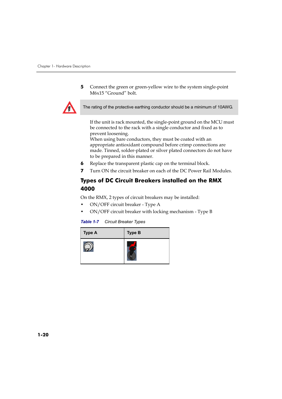 Types of dc circuit breakers installed on the, Rmx 4000 -20 | Polycom DOC2559B User Manual | Page 26 / 65