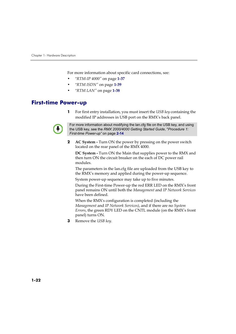 First-time power-up, First-time power-up -22 | Polycom DOC2559B User Manual | Page 28 / 65