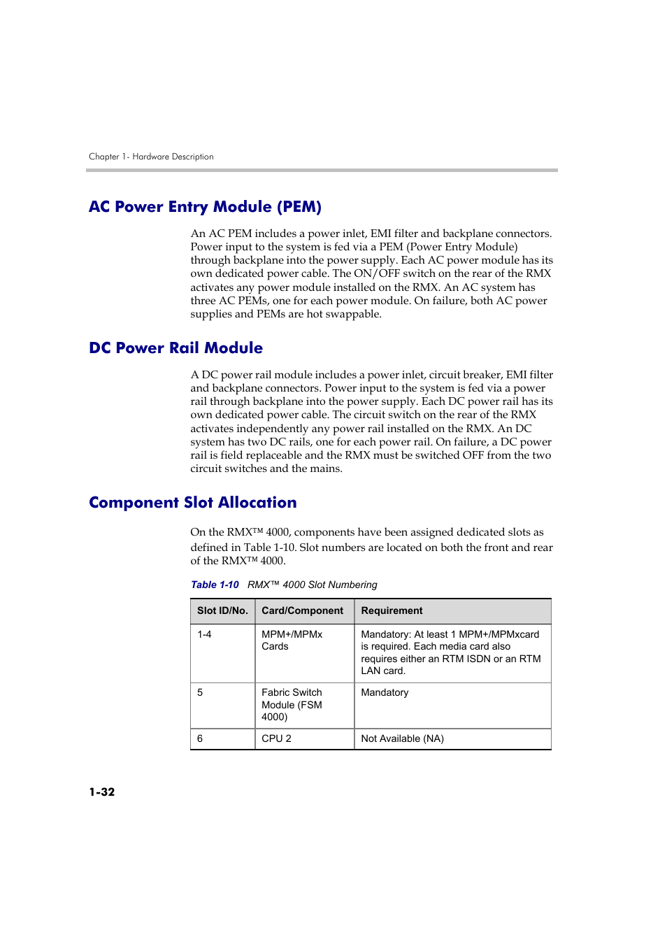 Ac power entry module (pem), Dc power rail module, Component slot allocation | Polycom DOC2559B User Manual | Page 38 / 65