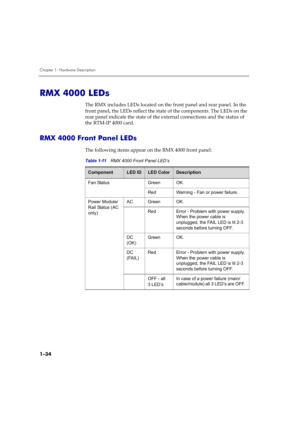 Rmx 4000 leds, Rmx 4000 front panel leds, Rmx 4000 leds -34 | Rmx 4000 front panel leds -34 | Polycom DOC2559B User Manual | Page 40 / 65
