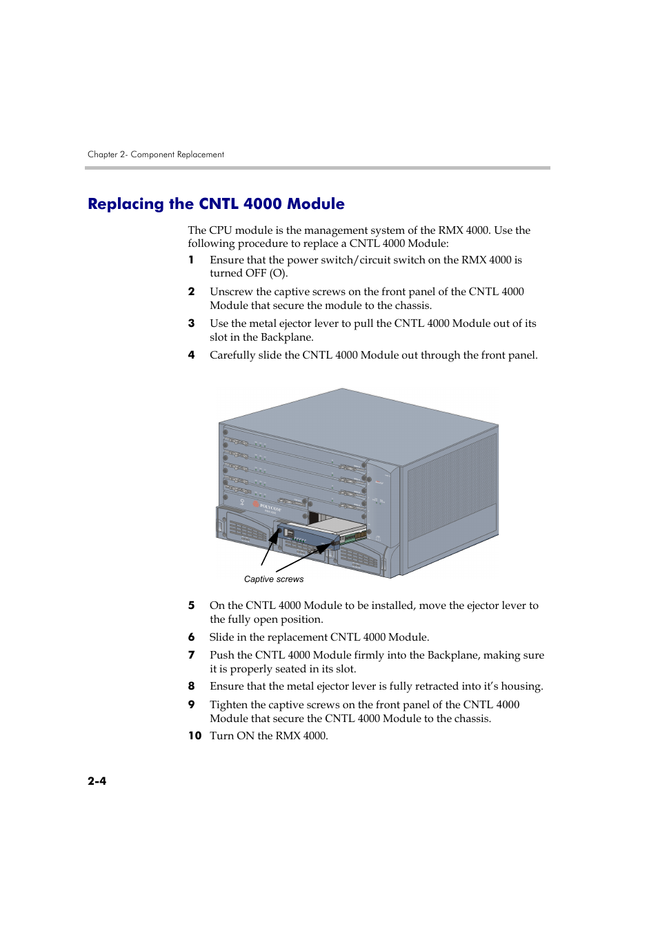 Replacing the cntl 4000 module, Replacing the cntl 4000 module -4, Dule, see " replacing the cntl 4000 module” on | Polycom DOC2559B User Manual | Page 50 / 65