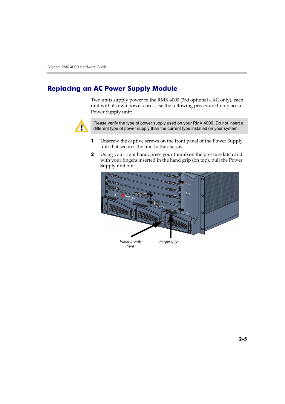 Replacing an ac power supply module, Replacing an ac power supply module -5, See " replacing an ac power supply | Polycom DOC2559B User Manual | Page 51 / 65