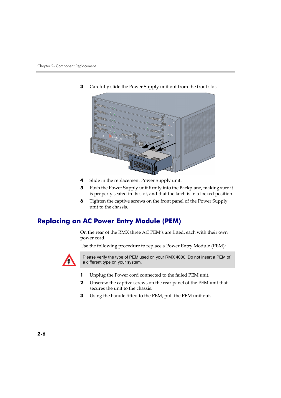 Replacing an ac power entry module (pem), Replacing an ac power entry module (pem) -6, See " replacing an ac power entry module | Polycom DOC2559B User Manual | Page 52 / 65