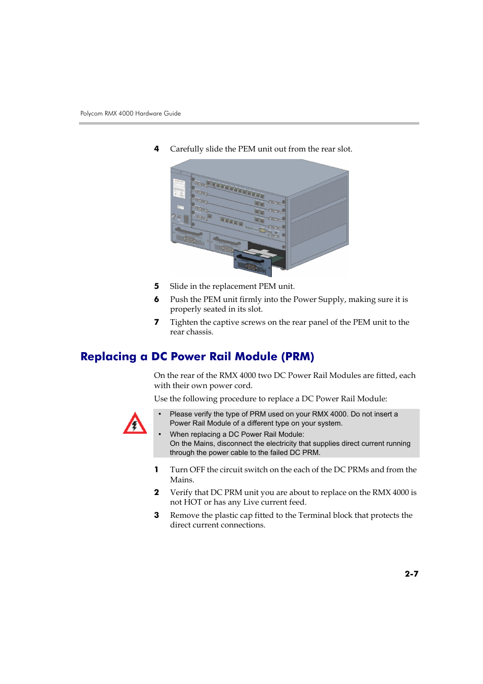 Replacing a dc power rail module (prm), Replacing a dc power rail module (prm) -7, Replacing a dc power rail module | Polycom DOC2559B User Manual | Page 53 / 65