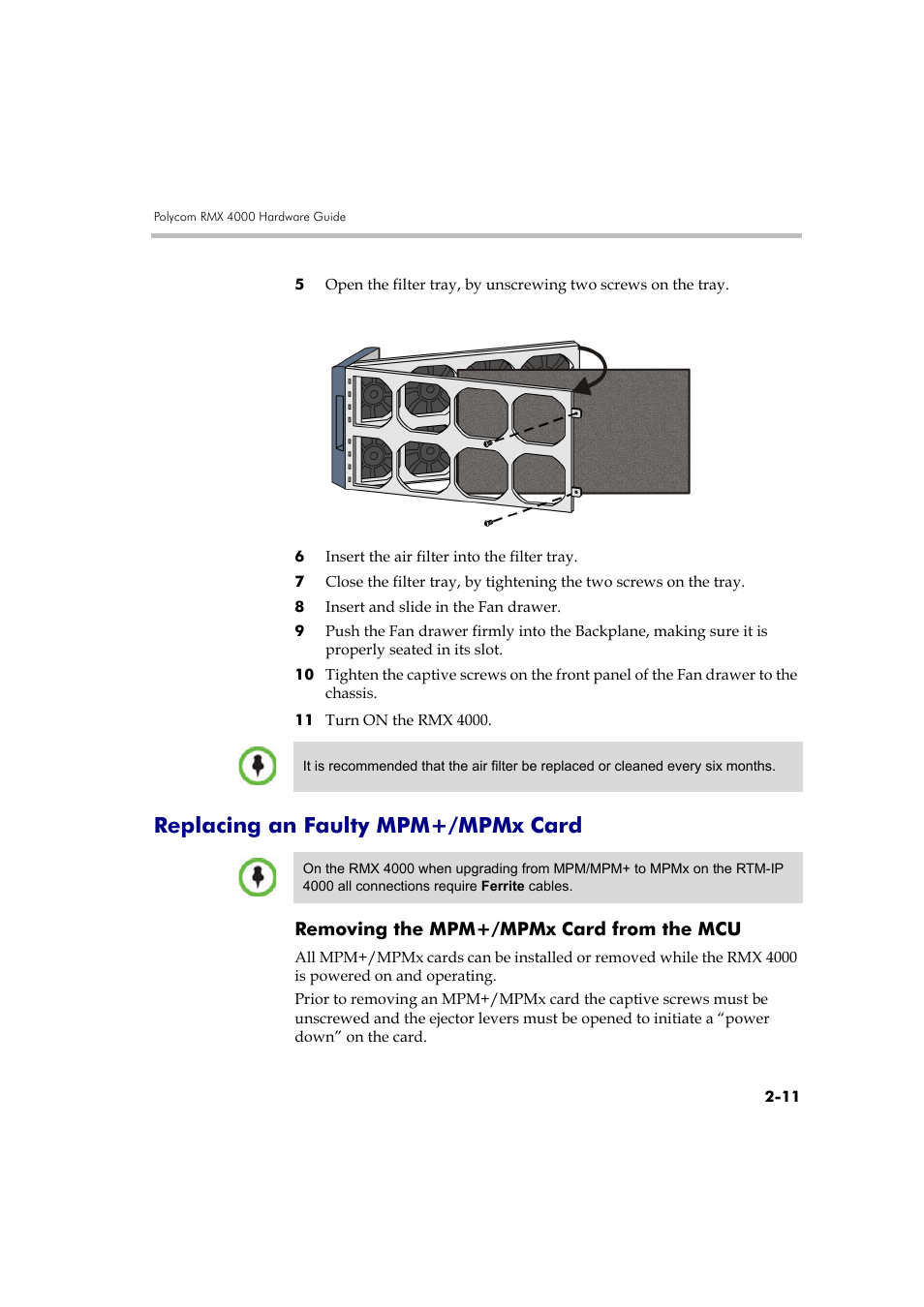 Replacing an faulty mpm+/mpmx card, Removing the mpm+/mpmx card from the mcu, Replacing an faulty mpm+/mpmx card -11 | Removing the mpm+/mpmx card from the mcu -11, See " replacing an | Polycom DOC2559B User Manual | Page 57 / 65