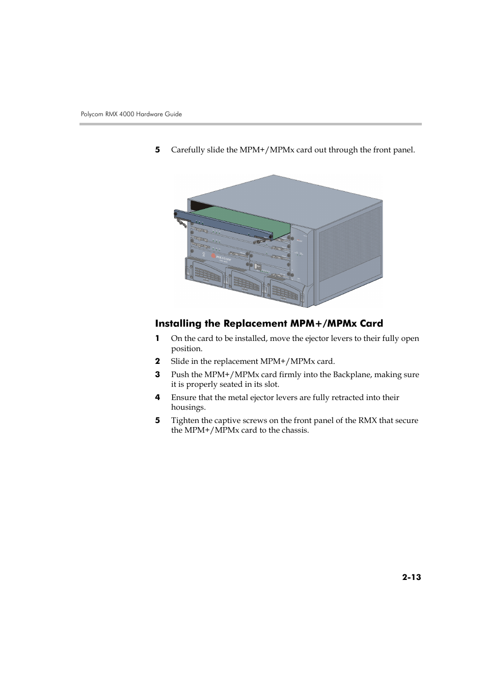 Installing the replacement mpm+/mpmx card, Installing the replacement mpm+/mpmx card -13 | Polycom DOC2559B User Manual | Page 59 / 65