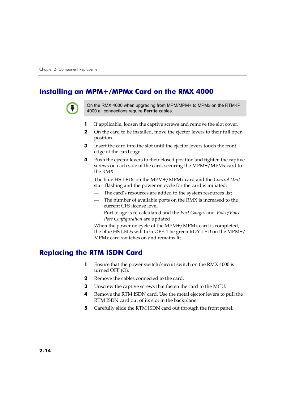 Installing an mpm+/mpmx card on the rmx 4000, Replacing the rtm isdn card | Polycom DOC2559B User Manual | Page 60 / 65