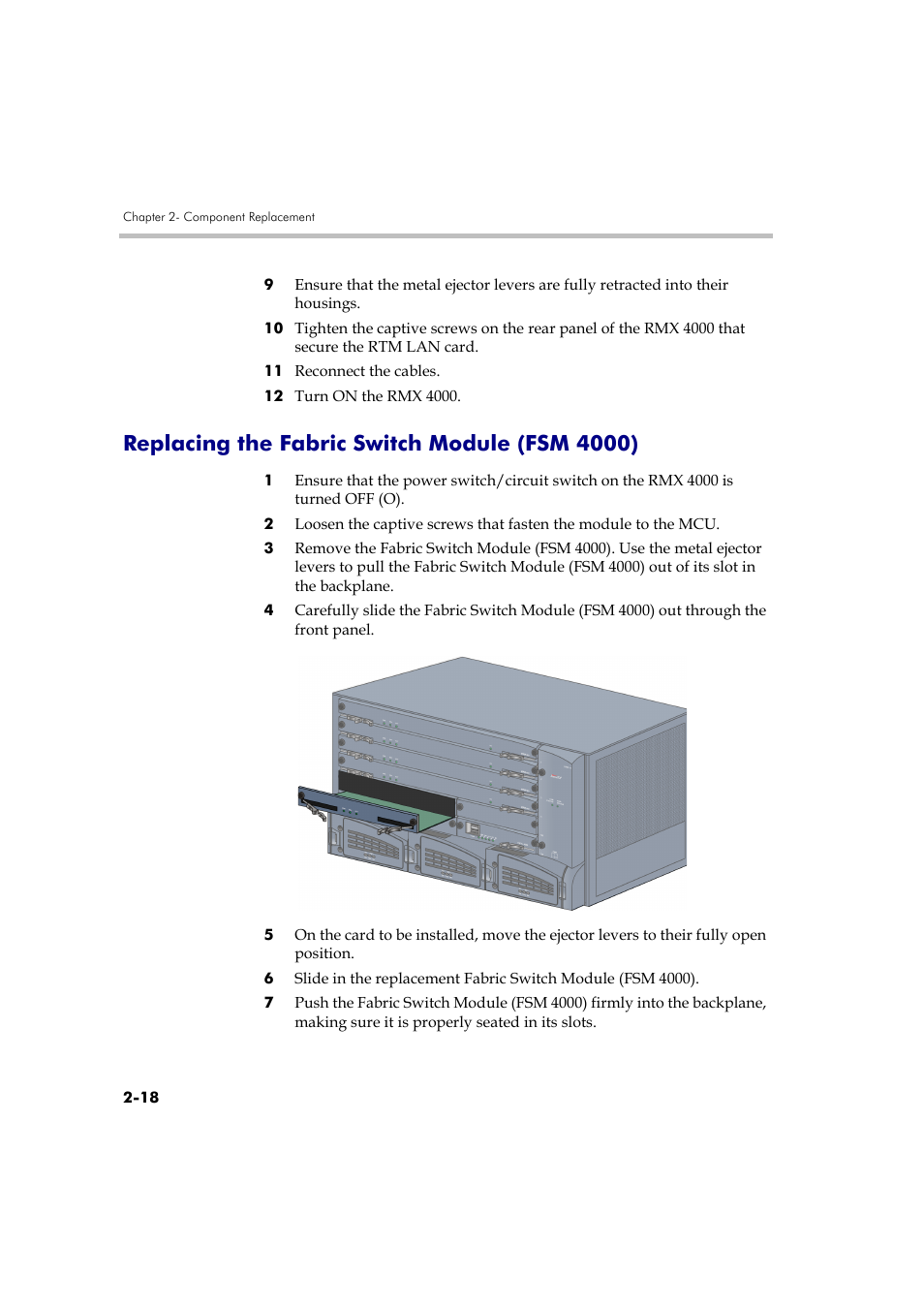 Replacing the fabric switch module (fsm 4000), Replacing the fabric switch module (fsm 4000) -18, 0), see “ replacing the fabric switch | Polycom DOC2559B User Manual | Page 64 / 65