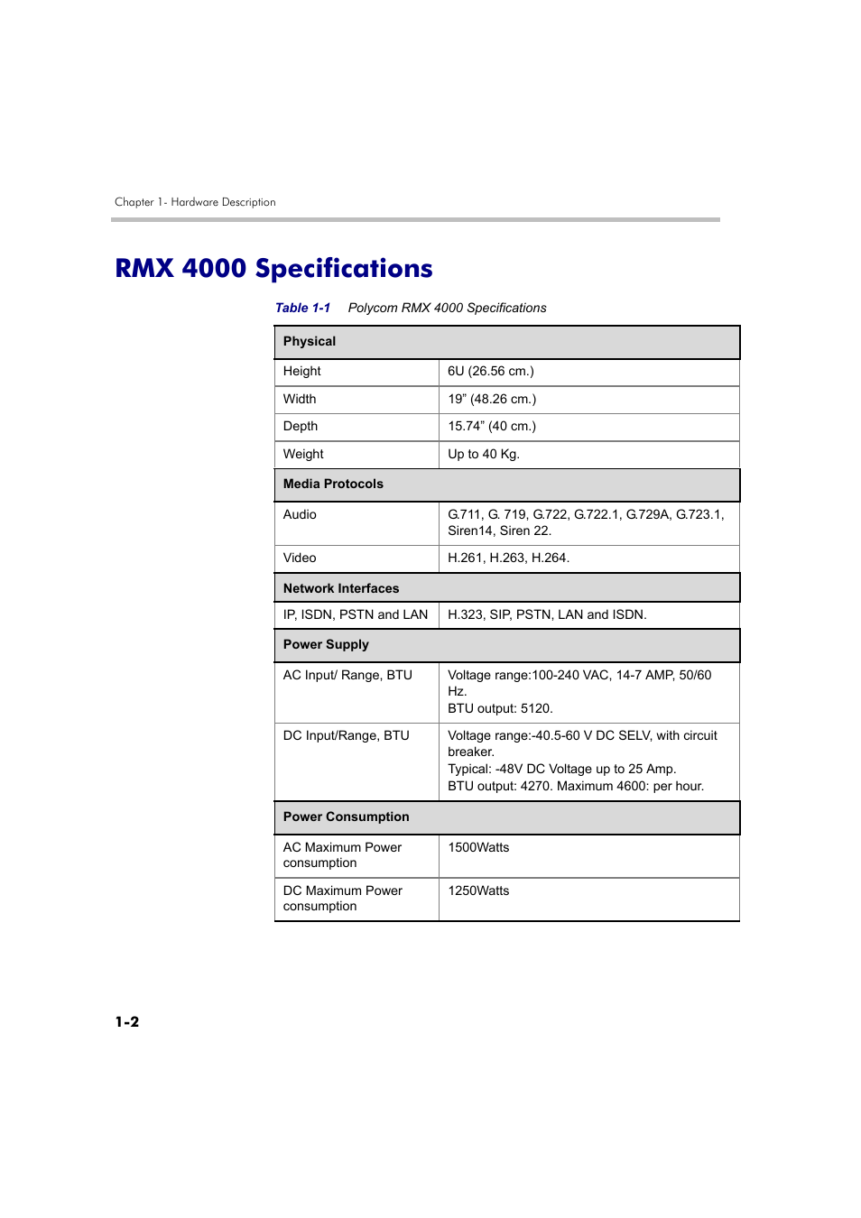 Rmx 4000 specifications, Rmx 4000 specifications -2 | Polycom DOC2559B User Manual | Page 8 / 65