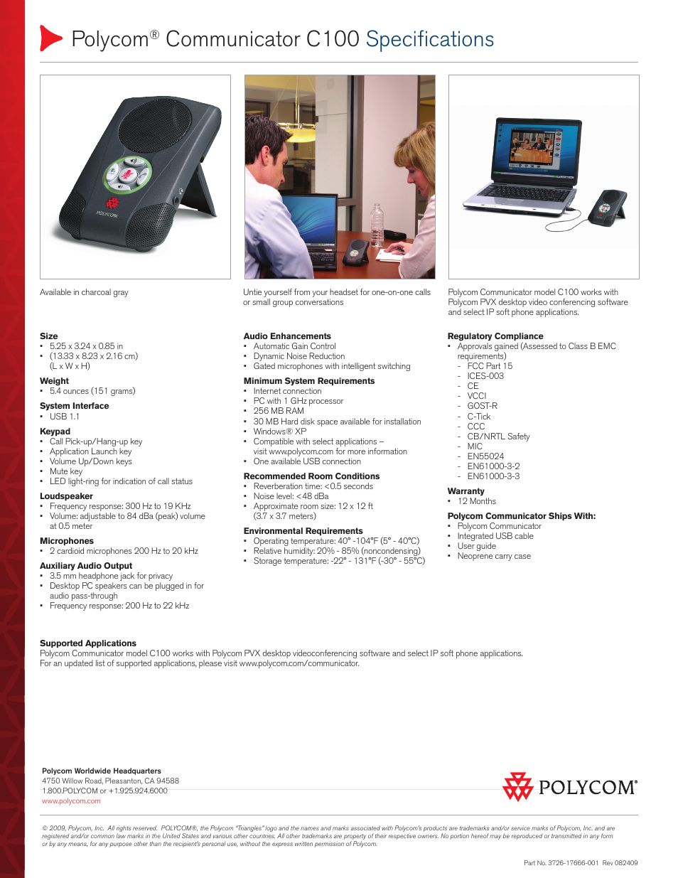 Polycom, Communicator c100 specifications | Polycom Communicator 3726-17666-001 User Manual | Page 2 / 2