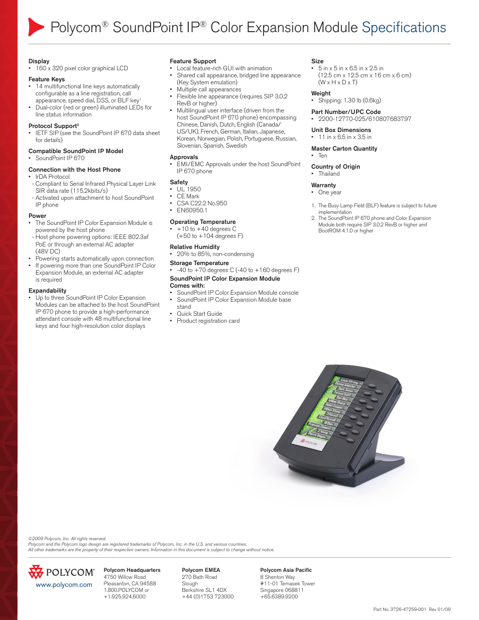 Polycom, Soundpoint ip, Color expansion module specifications | Polycom SoundPoint IP 670 User Manual | Page 2 / 2