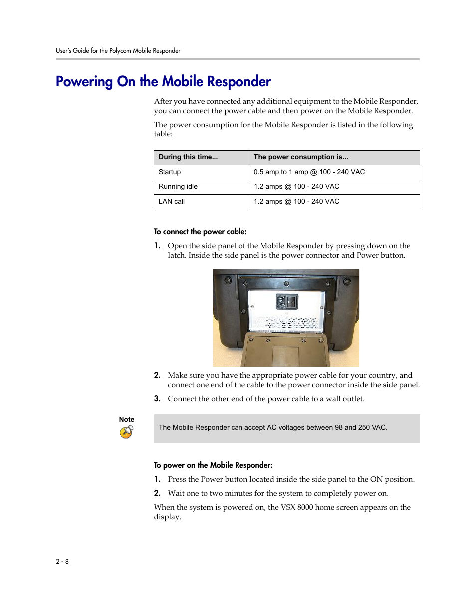 Powering on the mobile responder, Powering on the mobile responder -8 | Polycom MOBILE RESPONDER 3725-23487-003/A User Manual | Page 18 / 39