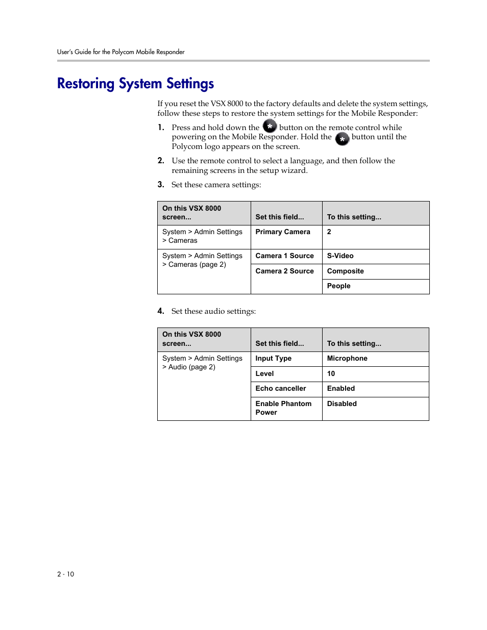 Restoring system settings, Restoring system settings -10 | Polycom MOBILE RESPONDER 3725-23487-003/A User Manual | Page 20 / 39