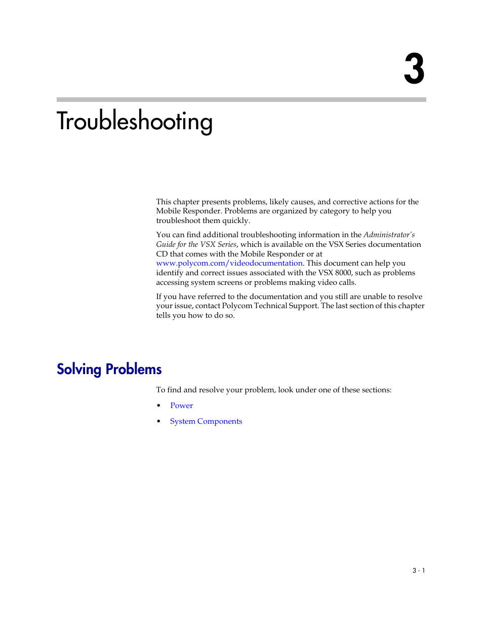 Troubleshooting, Solving problems, Troubleshooting -1 | Solving problems -1 | Polycom MOBILE RESPONDER 3725-23487-003/A User Manual | Page 23 / 39