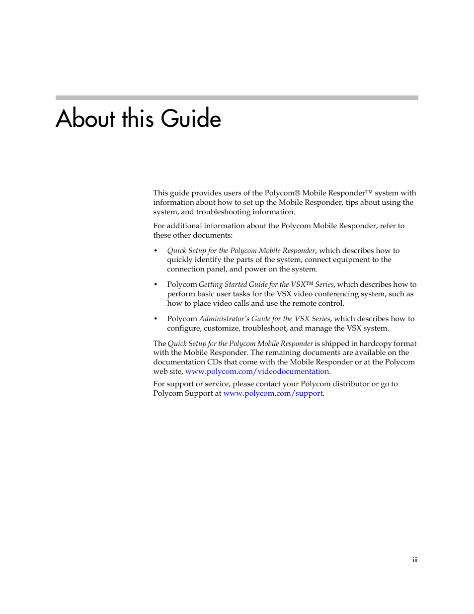 About this guide | Polycom MOBILE RESPONDER 3725-23487-003/A User Manual | Page 3 / 39