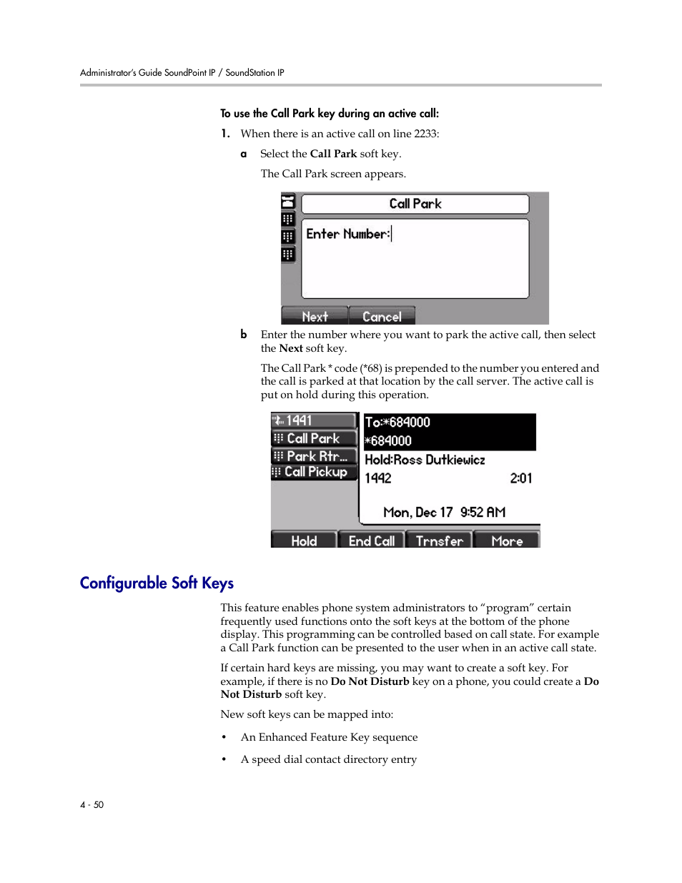 Configurable soft keys, Configurable soft keys –50 | Polycom SoundPoint IP 601 User Manual | Page 104 / 373