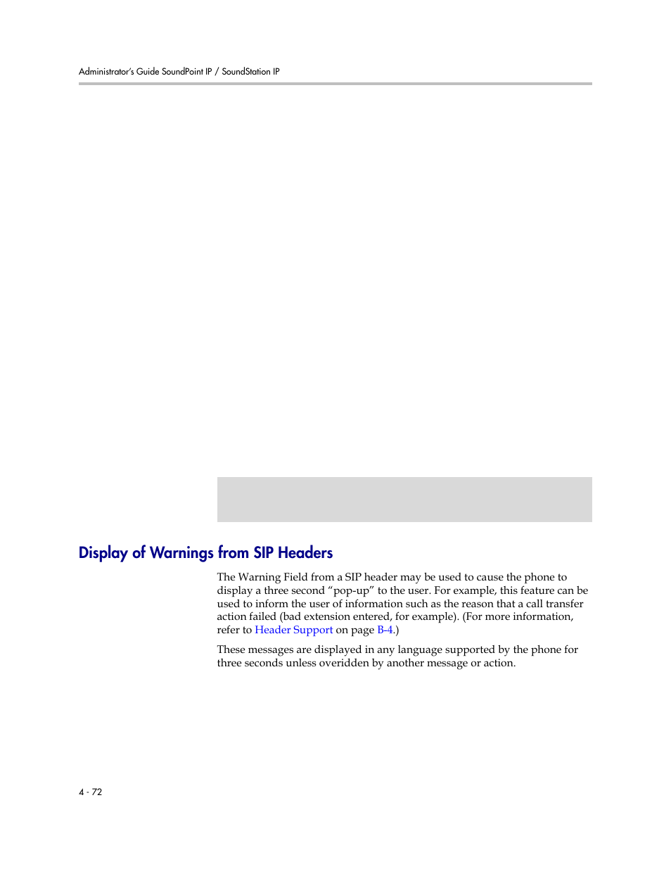 Display of warnings from sip headers, Display of warnings from sip headers –72, Displays a “pop-up” to user that | Polycom SoundPoint IP 601 User Manual | Page 126 / 373