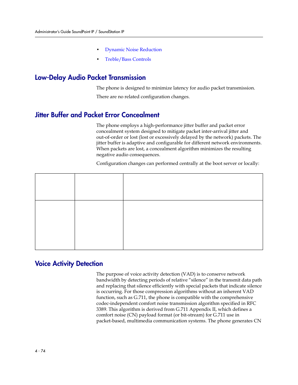 Low-delay audio packet transmission, Jitter buffer and packet error concealment, Voice activity detection | Emplo | Polycom SoundPoint IP 601 User Manual | Page 128 / 373