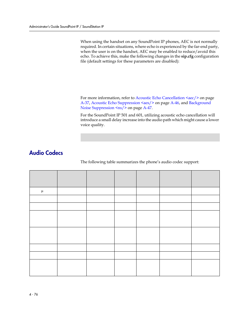 Audio codecs, Audio codecs –76, Supports | Polycom SoundPoint IP 601 User Manual | Page 130 / 373