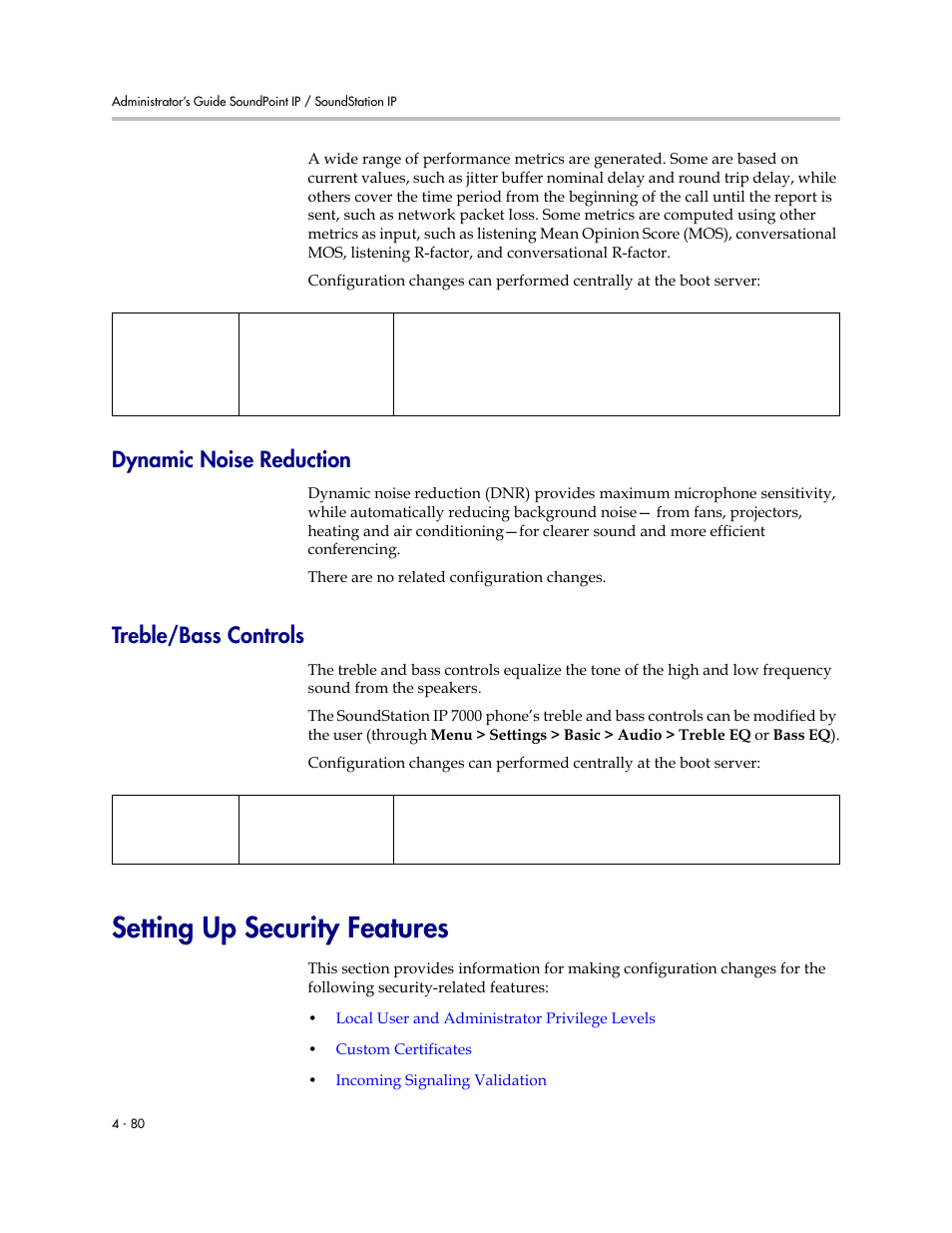 Dynamic noise reduction, Treble/bass controls, Setting up security features | Setting up security features –80, Equalizes the | Polycom SoundPoint IP 601 User Manual | Page 134 / 373