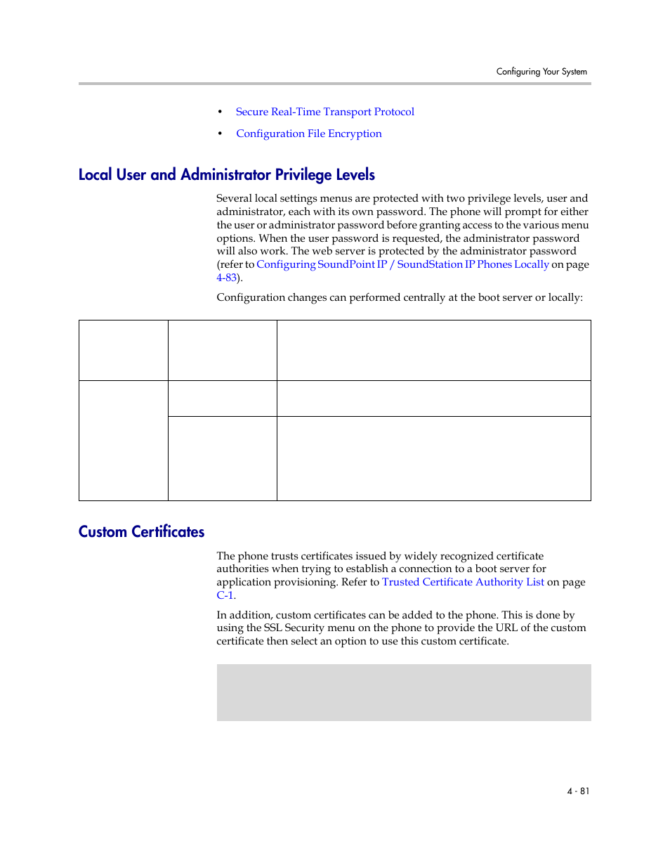 Local user and administrator privilege levels, Custom certificates, Local user and administrator privilege levels –81 | Custom certificates –81 | Polycom SoundPoint IP 601 User Manual | Page 135 / 373