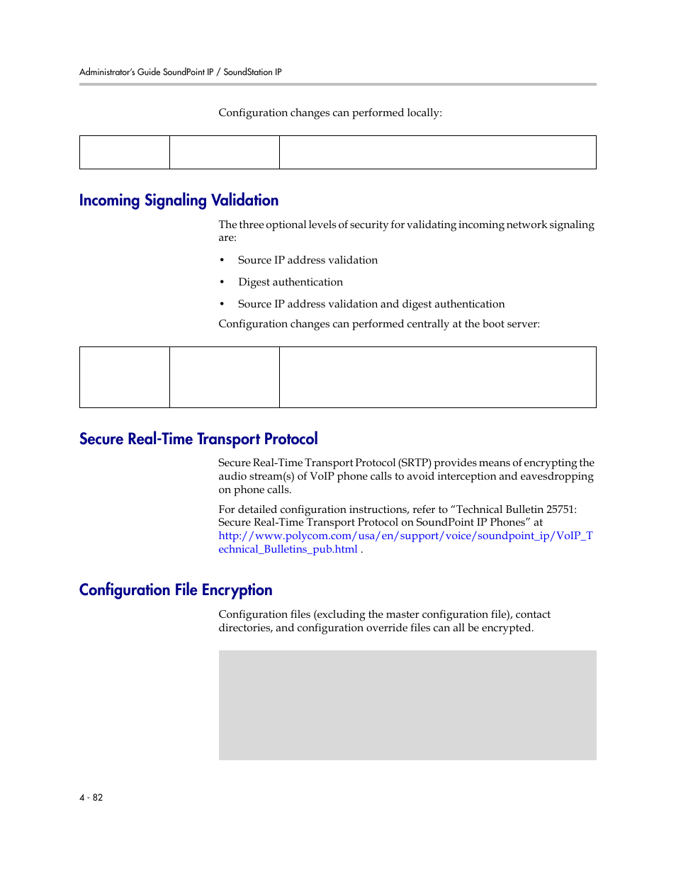 Incoming signaling validation, Secure real-time transport protocol, Configuration file encryption | Encrypting | Polycom SoundPoint IP 601 User Manual | Page 136 / 373