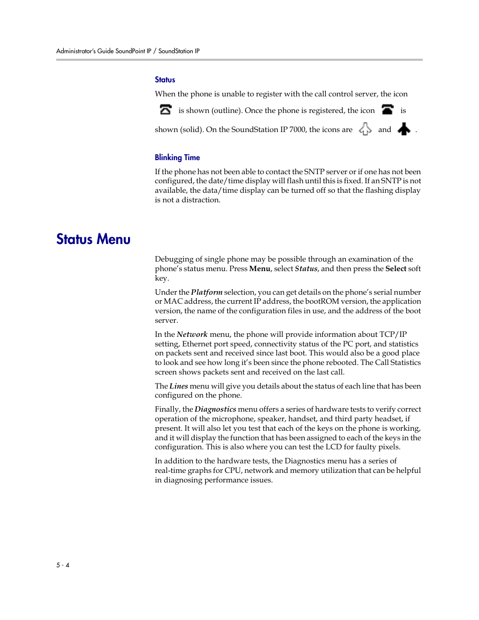 Status menu, Status menu –4 | Polycom SoundPoint IP 601 User Manual | Page 142 / 373