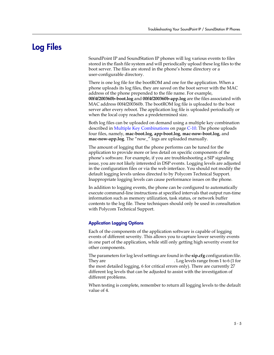 Log files, Log files –5 | Polycom SoundPoint IP 601 User Manual | Page 143 / 373
