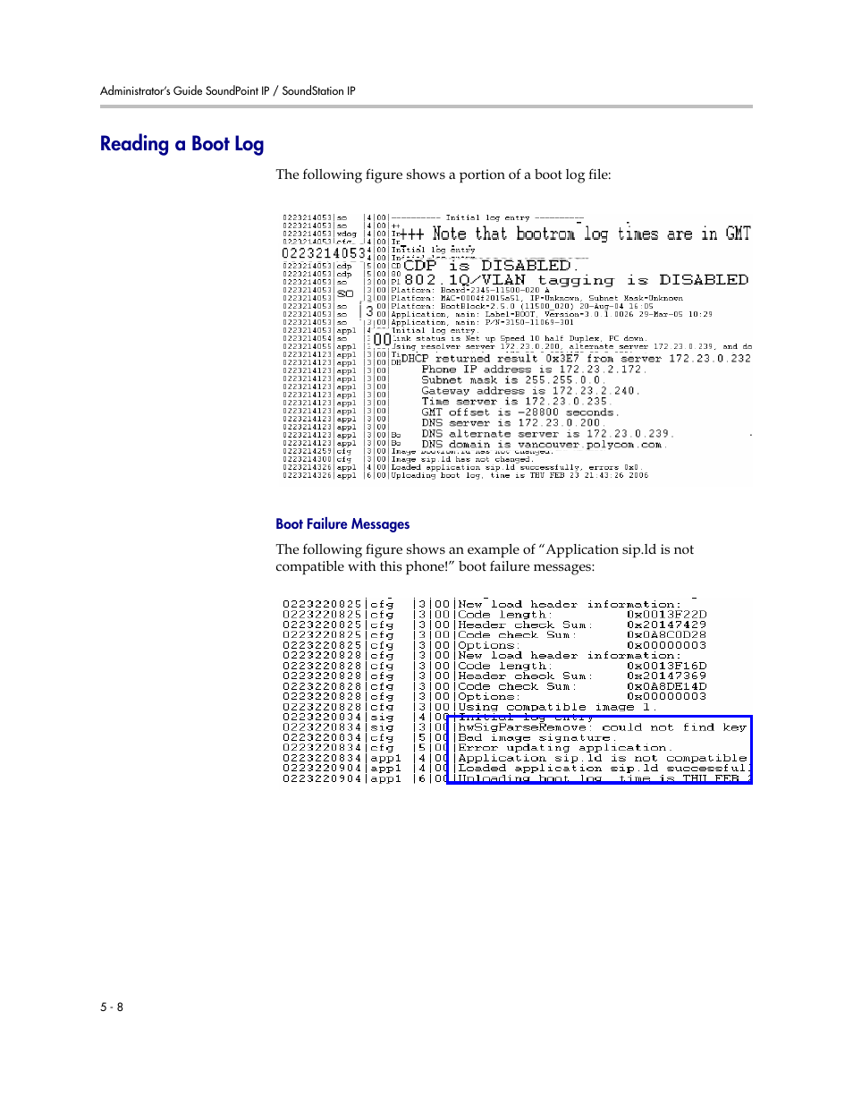 Reading a boot log, Reading a boot log –8 | Polycom SoundPoint IP 601 User Manual | Page 146 / 373