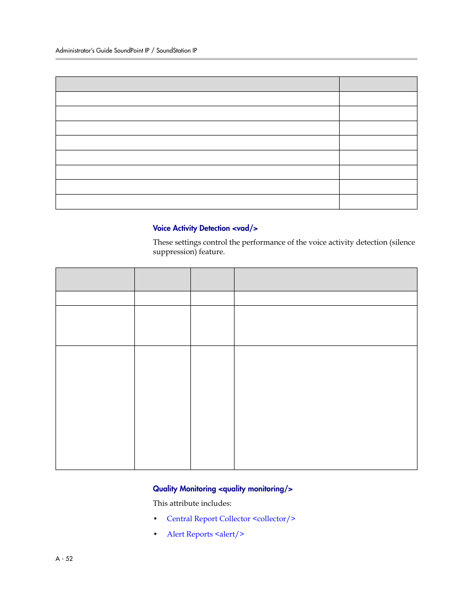 Voice activity detection <vad, A-52, Quality monitoring <quality | Monitoring, Quality monitoring <quality monitoring | Polycom SoundPoint IP 601 User Manual | Page 206 / 373