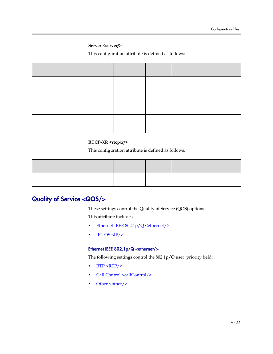 Quality of service <qos, Quality of service, A-55 | Ethernet ieee 802.1p/q, Ethernet | Polycom SoundPoint IP 601 User Manual | Page 209 / 373