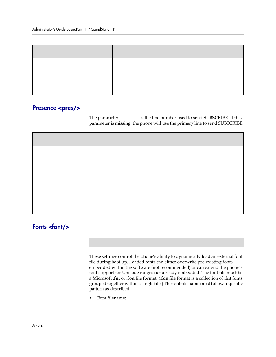 Presence <pres, Fonts <font, A-72 | On p | Polycom SoundPoint IP 601 User Manual | Page 226 / 373