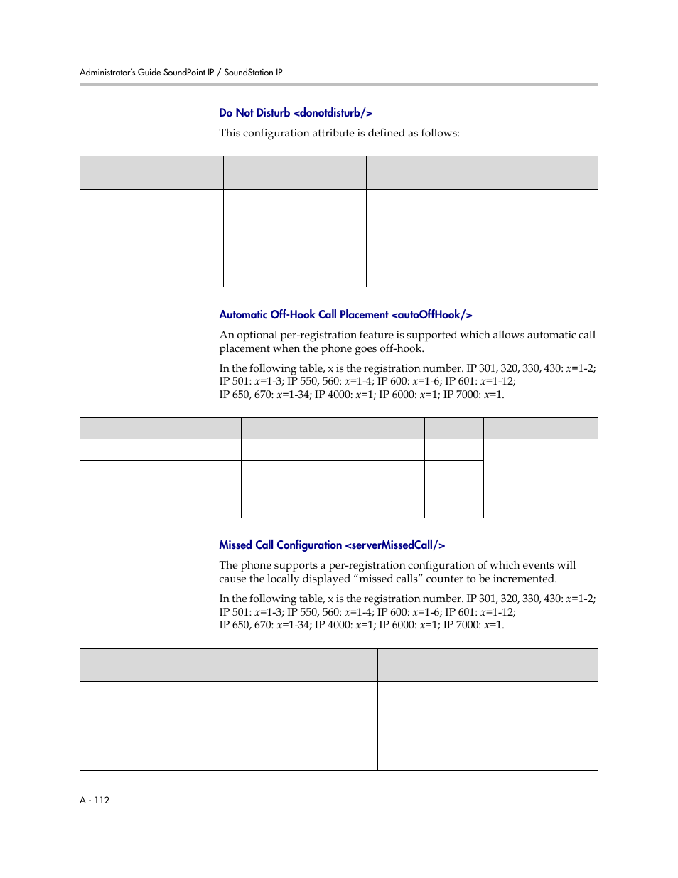 Missed call configuration, Servermissedcall, On p | A-112, Automatic off-hook call placement, Autooffhook, Do not disturb <donotdisturb, Automatic off-hook call placement <autooffhook, Missed call configuration <servermissedcall | Polycom SoundPoint IP 601 User Manual | Page 266 / 373