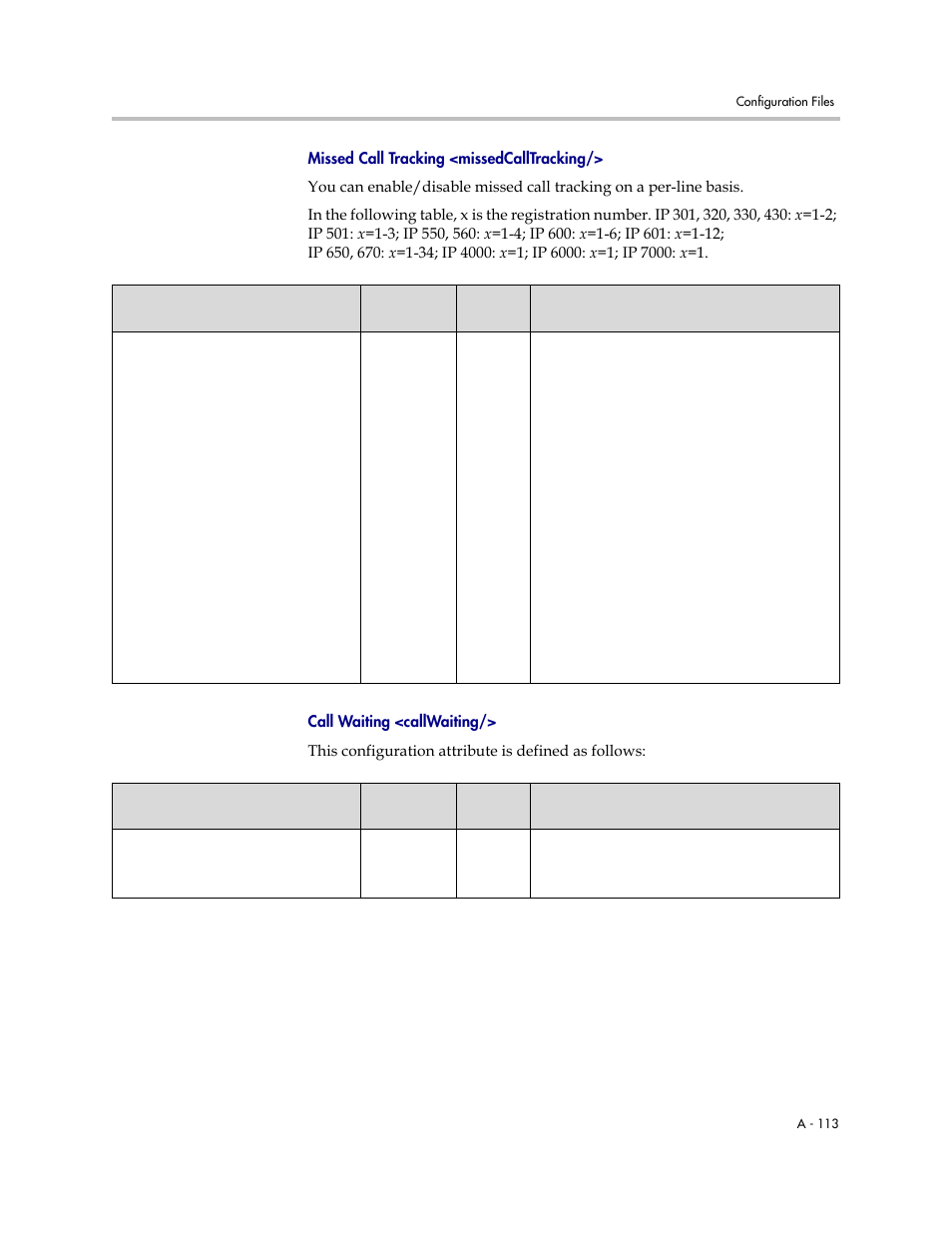 Call waiting <callwaiting, A-113, Missed call tracking <missedcalltracking | Polycom SoundPoint IP 601 User Manual | Page 267 / 373