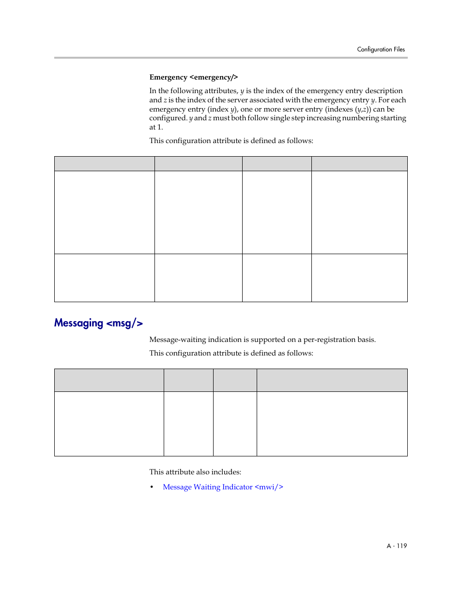 Messaging <msg, On p, A-119 | Emergency <emergency | Polycom SoundPoint IP 601 User Manual | Page 273 / 373