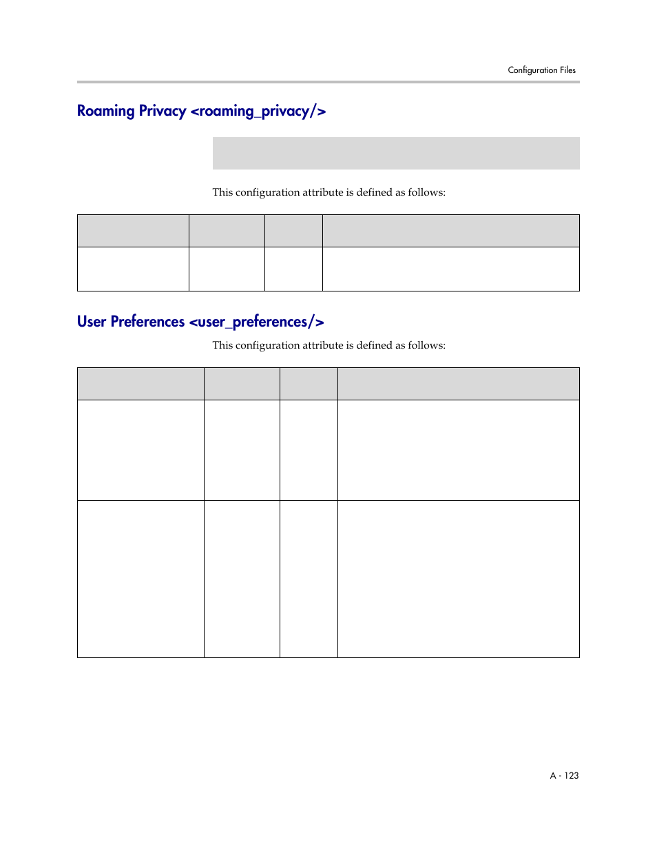 Roaming privacy <roaming_privacy, User preferences <user_preferences, User preferences | User_preferences, Roaming privacy, Roaming_privacy, A-123 | Polycom SoundPoint IP 601 User Manual | Page 277 / 373