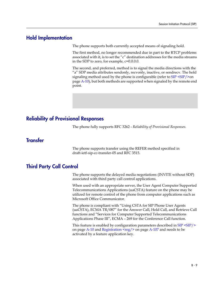 Hold implementation, Reliability of provisional responses, Transfer | Third party call control | Polycom SoundPoint IP 601 User Manual | Page 291 / 373