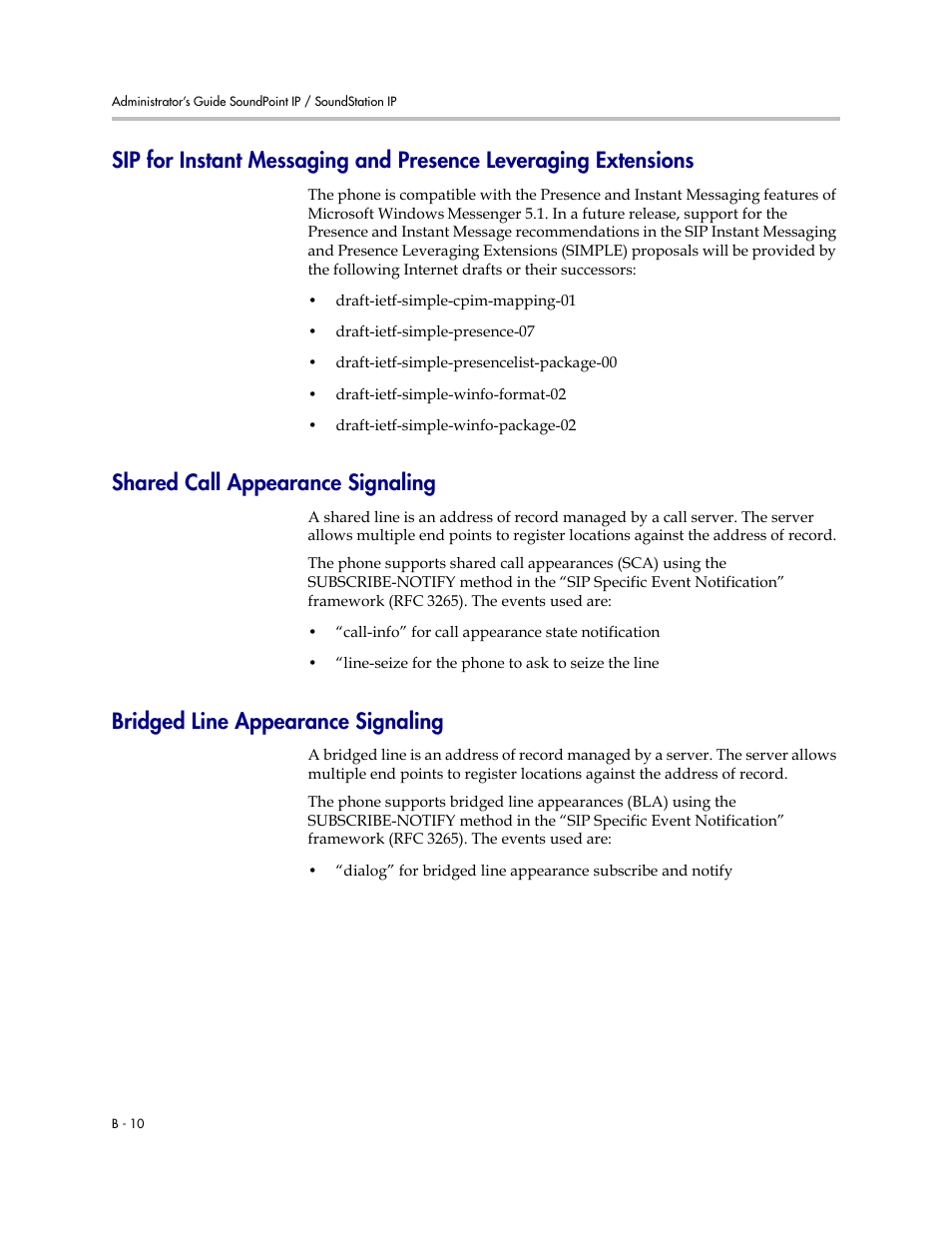 Shared call appearance signaling, Bridged line appearance signaling, Shared | Call appearance signaling, B-10, Fer to | Polycom SoundPoint IP 601 User Manual | Page 292 / 373